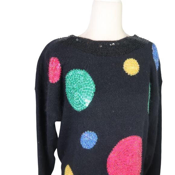 Vintage 90s IB Diffusion black angora knit sequin circle sweater L - Picture 2 of 5